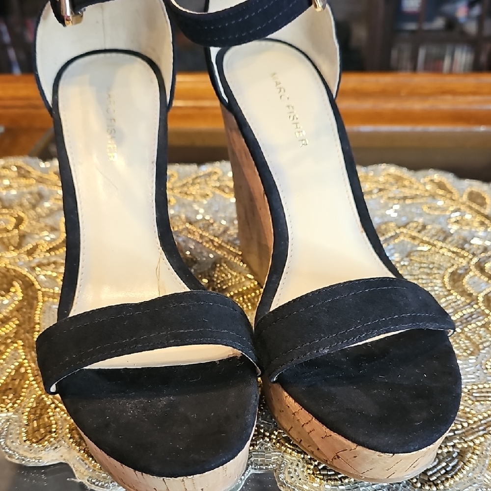 Marc Fisher Black and Natural Cork Wedges - Picture 5 of 11